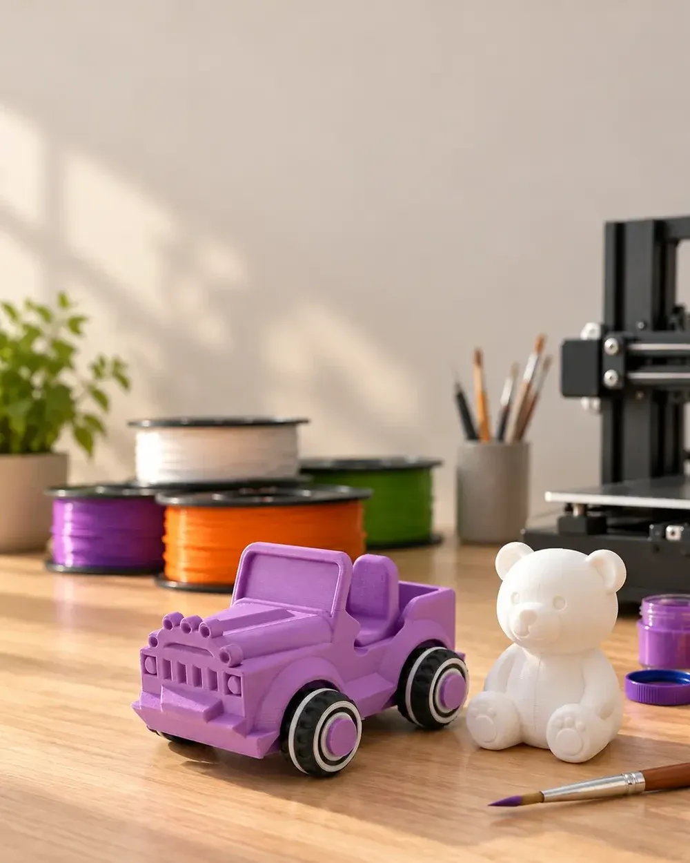 3D yazıcı ve filament makaralarının olduğu atölye masası