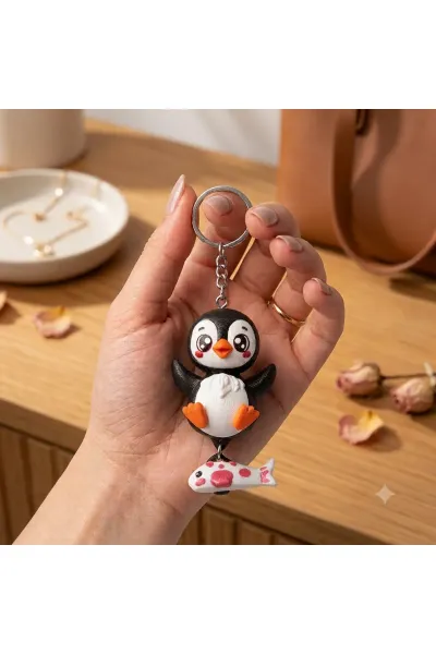 Penguen Figürlü Balık Sallantılı Anahtarlık & Çanta Süsü (3D Baskı)