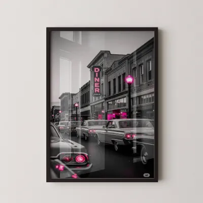 Pembe Işıklı Retro Cadde 1 Adet Masif Ahşap Tablo - Siyah Çerçeve