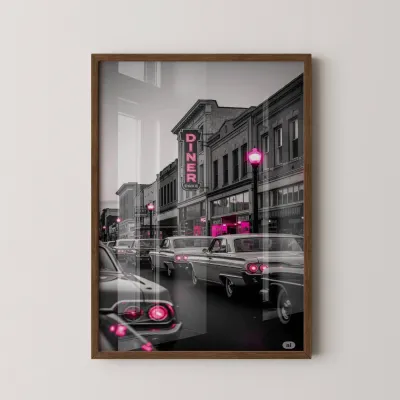 Pembe Işıklı Retro Cadde 1 Adet Masif Ahşap Tablo - Ceviz Çerçeve