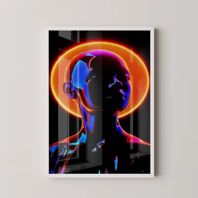 Neon Halka Silüet Tablo 1 Adet Masif Ahşap Çerçeveli - Beyaz Çerçeve