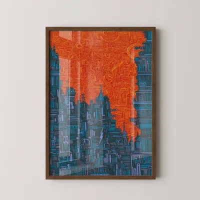 Neon Metropolis: Masif Ahşap Çerçeveli Premium Fütüristik Sanat Tablosu - Ceviz Çerçeve