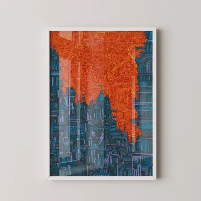 Neon Metropolis: Masif Ahşap Çerçeveli Premium Fütüristik Sanat Tablosu - Beyaz Çerçeve