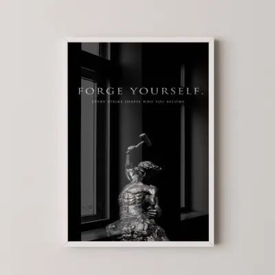 Forge Yourself Motivasyon Tablosu Tek Parça Masif Ahşap Çerçeveli - Beyaz Çerçeve