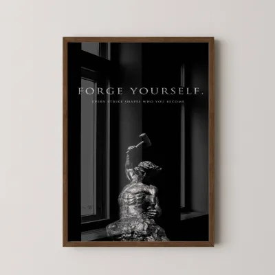 Forge Yourself Motivasyon Tablosu Tek Parça Masif Ahşap Çerçeveli - Ceviz Çerçeve