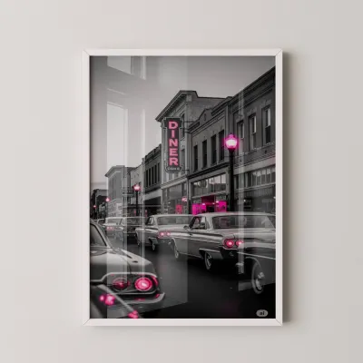 Pembe Işıklı Retro Cadde 1 Adet Masif Ahşap Tablo - Beyaz Çerçeve