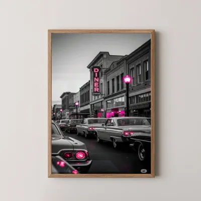 Pembe Işıklı Retro Cadde 1 Adet Masif Ahşap Tablo - Natürel Çerçeve