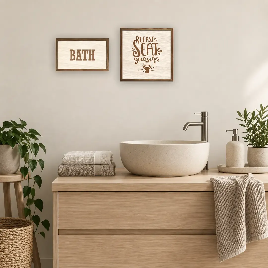 Banyo lavabosunun üstünde iki ahşap duvar panosu