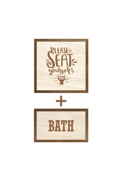 BATH - Please Seat Yourself - Banyo - Lütfen Oturun 2'li Set Ahşap Banyo Duvar Dekorasyonu — Ceviz