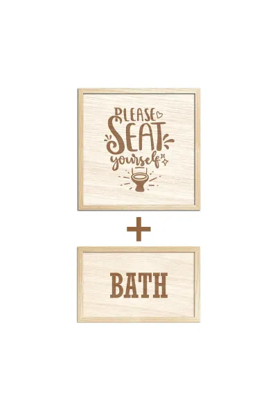 BATH - Please Seat Yourself - Banyo - Lütfen Oturun 2'li Set Ahşap Banyo Duvar Dekorasyonu — Natural