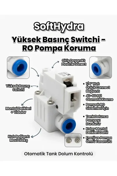 Yüksek Basınç Switchi RO Su Arıtma Cihazı – Otomatik Durdurma Şalteri 1/4" Quick Connect