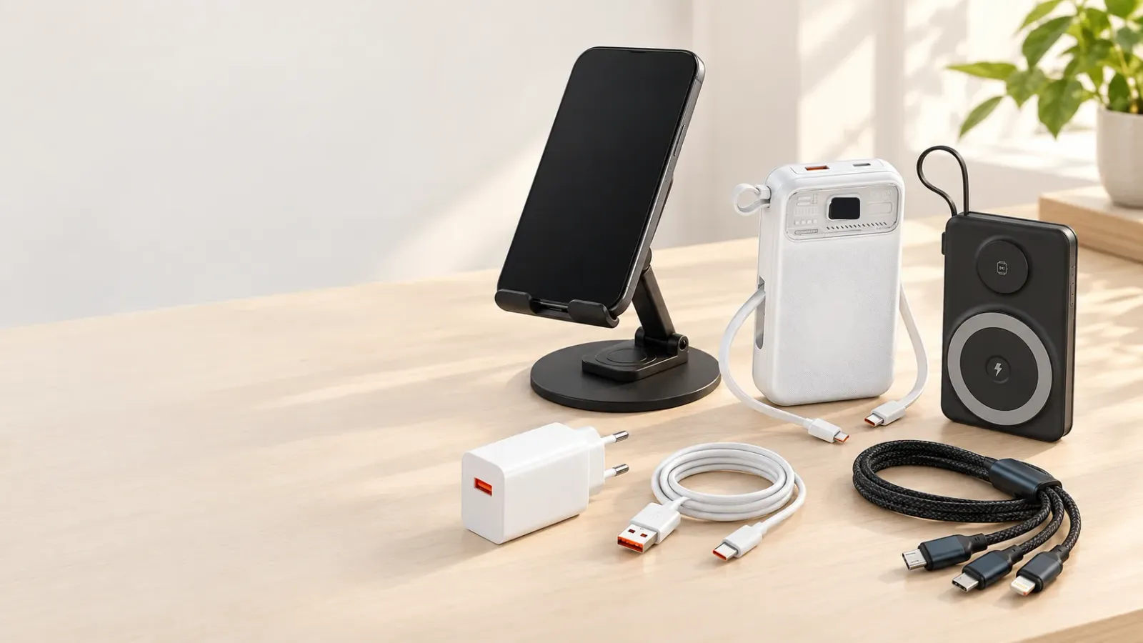 Masada telefon standı, powerbank, kablosuz şarjlı powerbank, şarj adaptörü ve kablolar