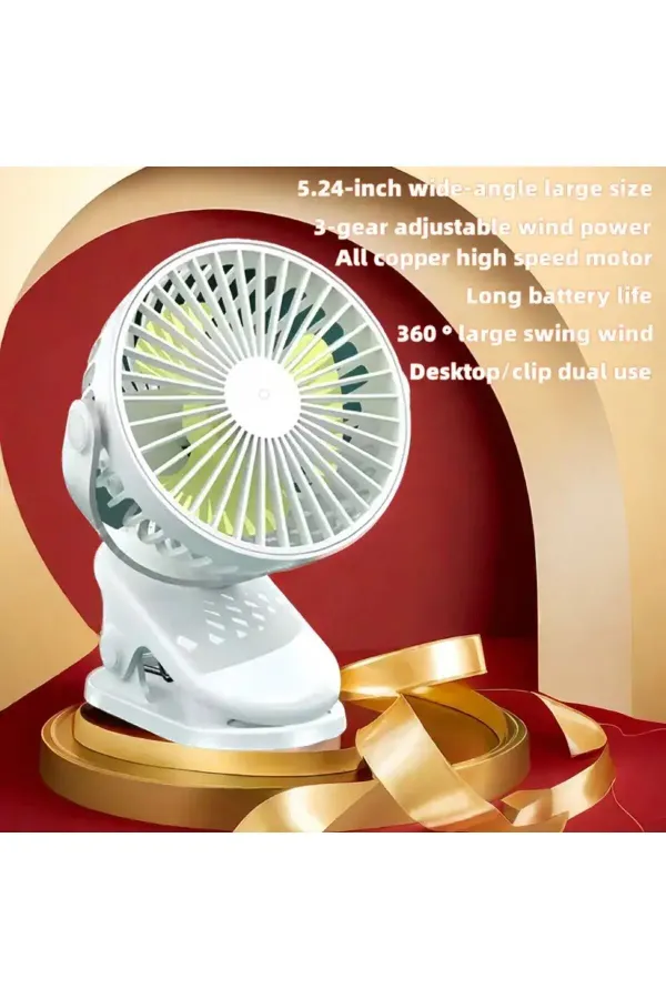 Taşınabilir USB Klipsli Fan Şarj Edilebilir, 720° Dönebilme, 3 Hız Yaz ve Dış Mekan Kullanımı İçin — Beyaz