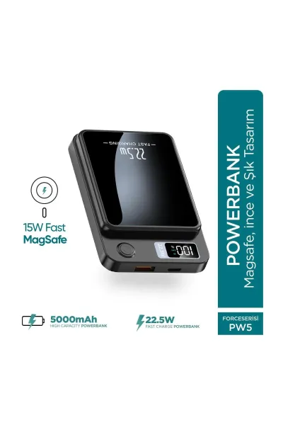Force PW5 5000mAh 22.5W MagSafe Powerbank - Kablosuz Mini Şarj Cihazı - 1 USB 1 PD Port - Diji