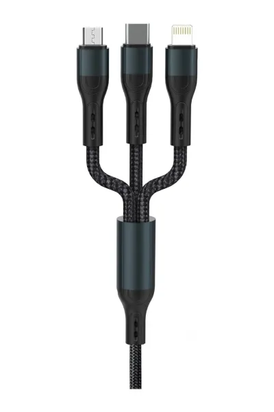 Force CB631 Örgü 3 in 1 Mikro / Lightning / Type-C Data Şarj Kablosu