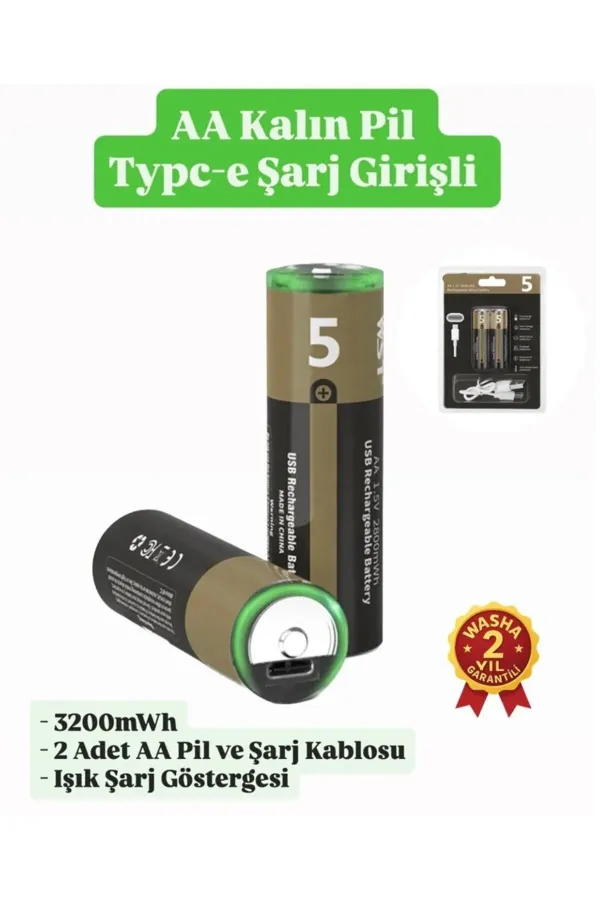 Kalın Pil (AA)Kalem Pil USB Type-C Kablo ile Şarj Edilebilir 2'li Kalem Pil 1.5V AA / 2800 mWH