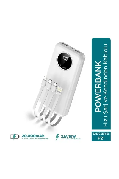 Basic P21 20000mAh 10W Kendinden Kablolu Şarj Cihazı - Powerbank - 2 USB Port 4 Kablo Çıkışı