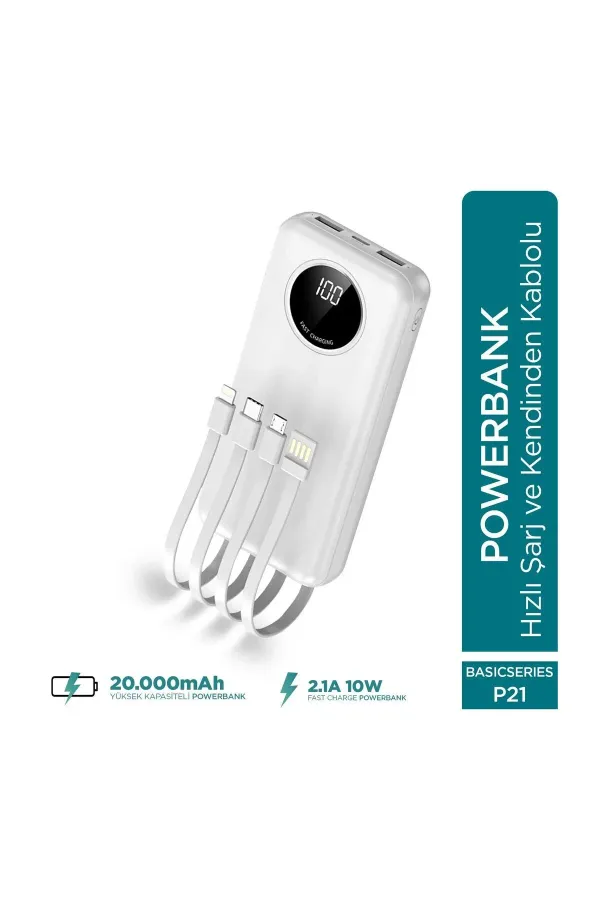 Basic P21 20000mAh 10W Kendinden Kablolu Şarj Cihazı - Powerbank - 2 USB Port 4 Kablo Çıkışı