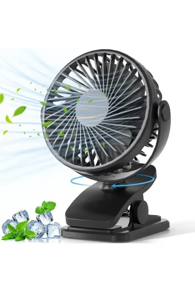 Taşınabilir USB Klipsli Fan Şarj Edilebilir, 720° Dönebilme, 3 Hız Yaz ve Dış Mekan Kullanımı İçin — Siyah