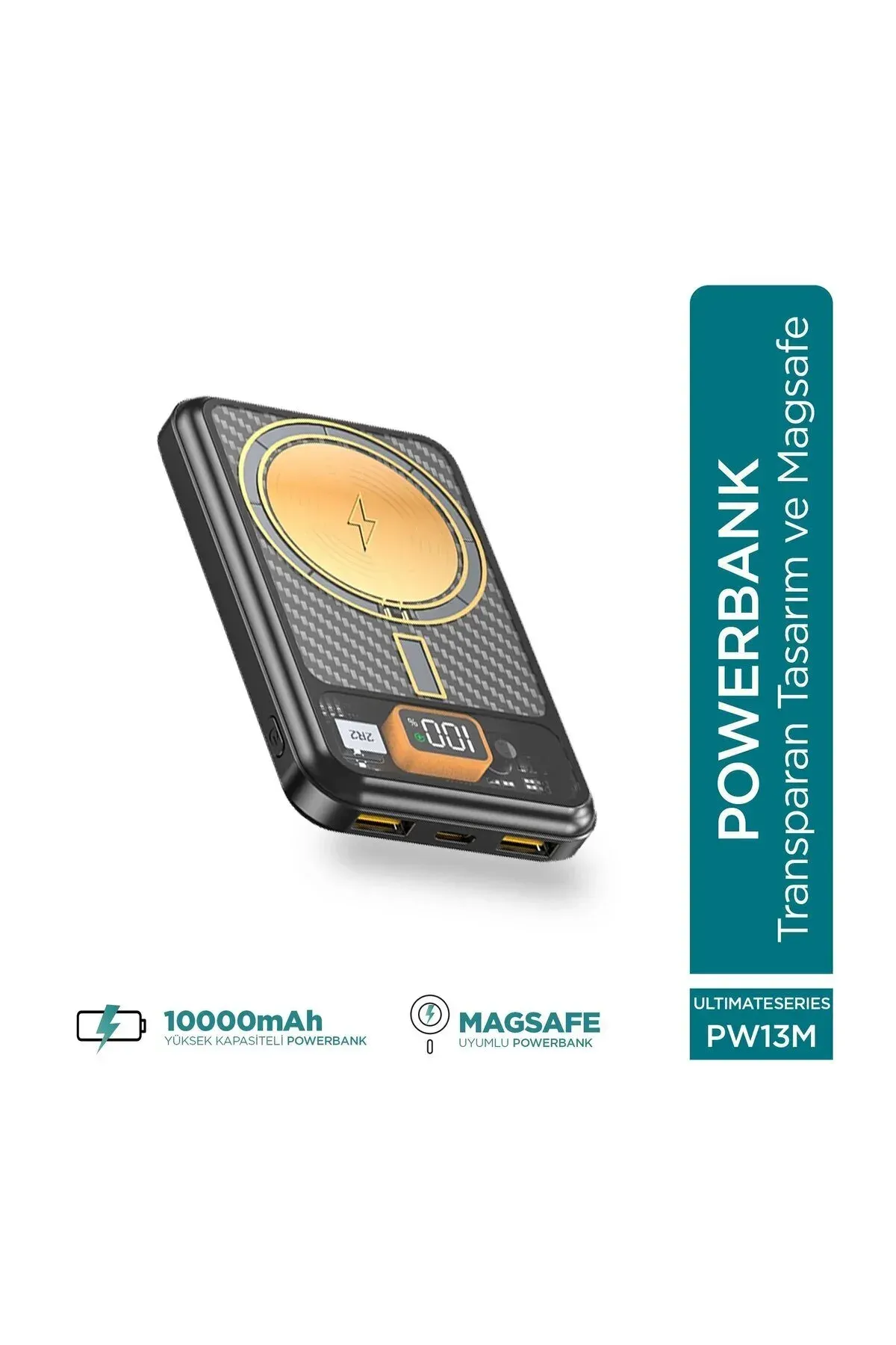Ultimate PW13M 10000mAh 22.5W MagSafe Powerbank - Transparan Kablosuz Mini Şarj Cihazı - 2 US
