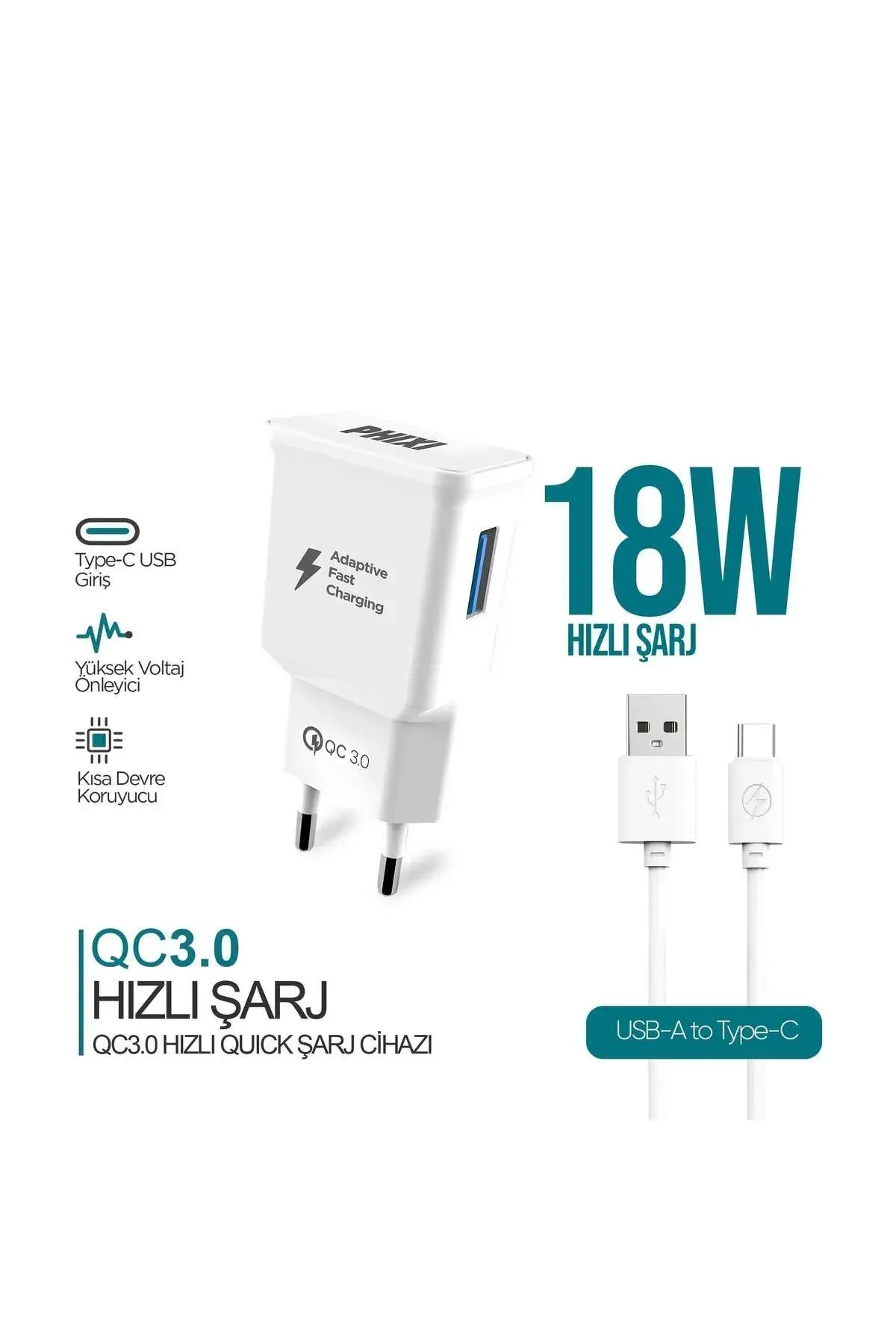 QCH202T Basic 12V / 3A Qualcomm 3.0 Type-C USB Kablolu Hızlı Şarj Cihazı