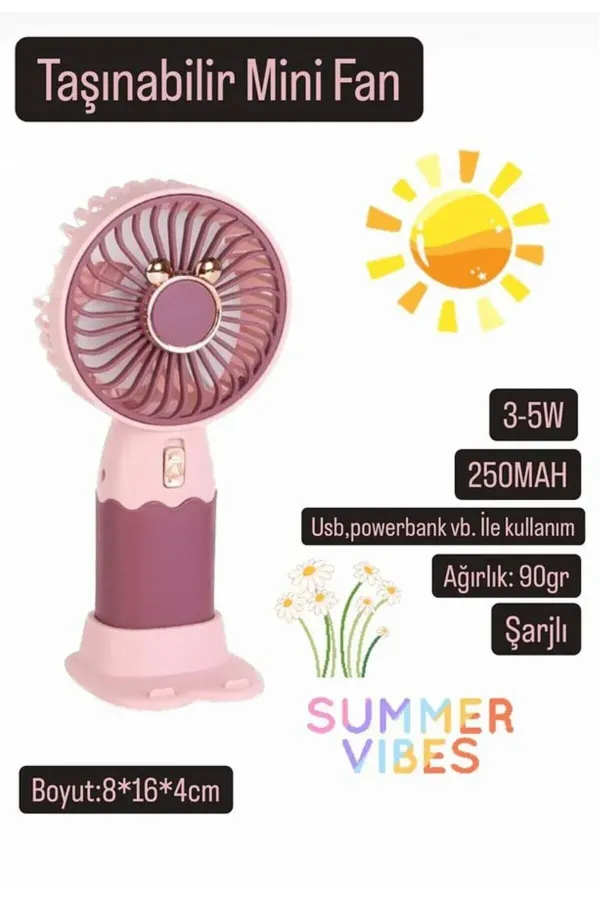 Taşınabilir Fan Soğutucu Mini Vantilatör Klima Güçlü Serinletici Şarjlı Masa Üstü Sessiz Standlı — Pembe
