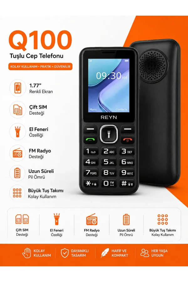 Q100 Tuşlu Telefon Çift Hatlı Büyük Tuşlu Uzun Pil Ömürlü Siyah