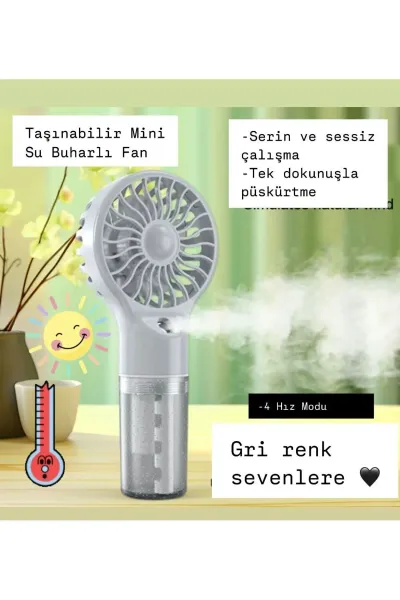 El Tipi Sulu Buharlı Fan Şarjlı Vantilatör Mini Masaüstü El Fan Taşınabilir 4 Kademeli Usb Pervane — Gri