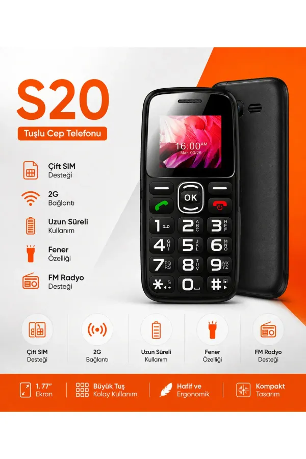 S20 Tuşlu Telefon Çift Hatlı FM Radyo Fener Özellikli Siyah