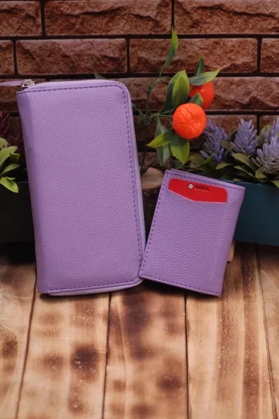 Lila Telefon Bölmeli Uzun Cüzdan ve Otomatik Mekanizmalı Kartlık Cüzdan Sevgili Paketi