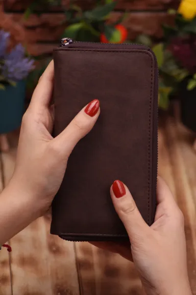 Crazy Kahverengi Telefon Bölmeli Unisex Deri Uzun Kartlık Cüzdan Portföy