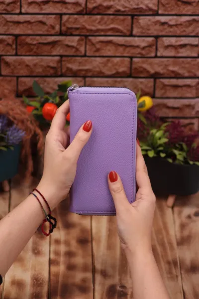 Lila Telefon Bölmeli Unisex Deri Uzun Kartlık Cüzdan Portföy