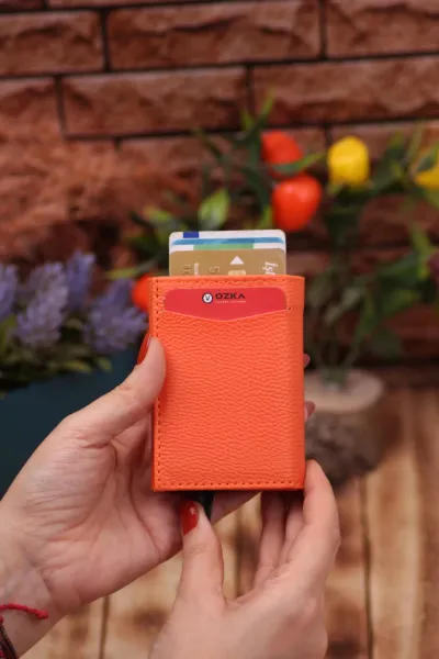 Suni Deri Mekanizmalı Vegan Deri Kartlık Cüzdan Portföy Turuncu