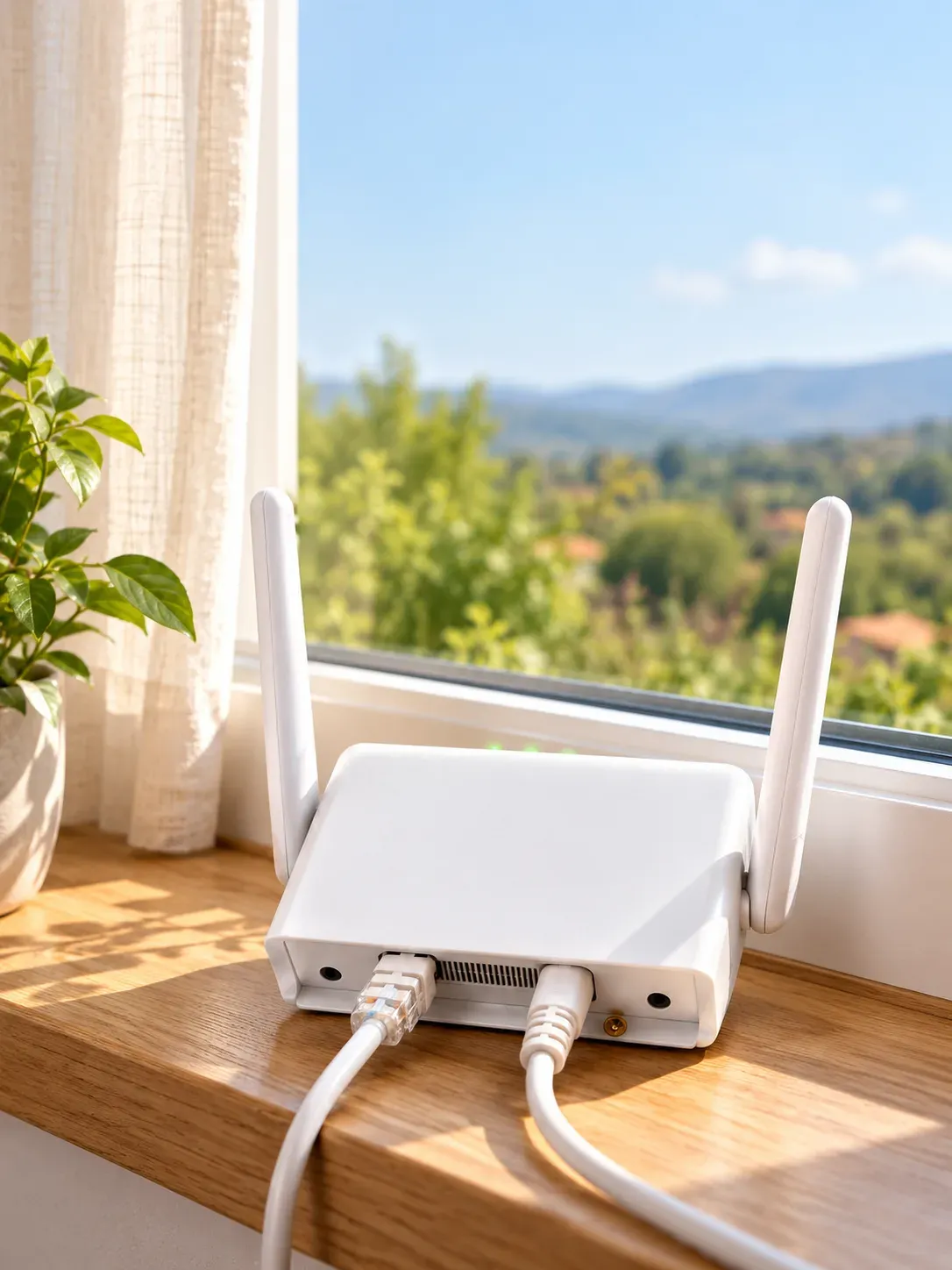 Pencere önünde antenli beyaz 4G router