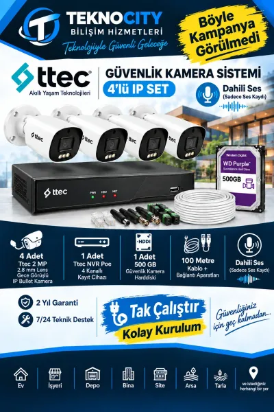 4 Lü 2 Mp 2.8 mm Sabit Lensli Ip Kamera Seti Kolay Kurulum