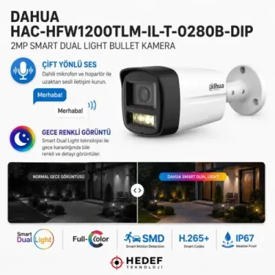 DAHUA HAC-HFW1200TLM-IL-T-0280B-DIP 2MP SMART DUAL LIGHT BULLET KAMERA