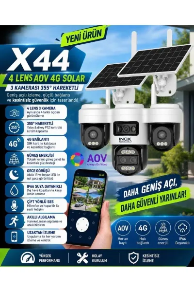 - X44 4 LENS AOV 4G SOLAR 3 KAMERALI 355 DERECE HAREKETLİ KAMERA