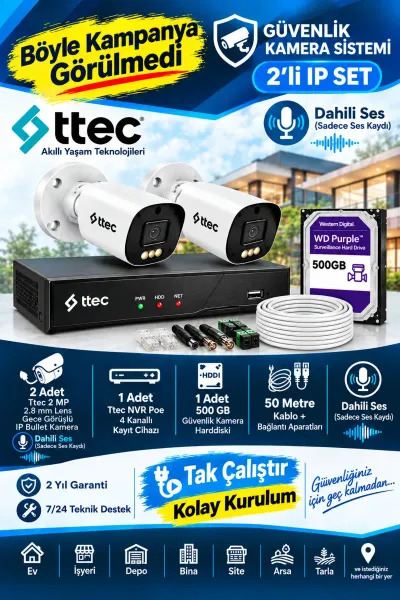 2 Li 2 Mp 2.8 mm Sabit Lensli Ip Kamera Seti Kolay Kurulum