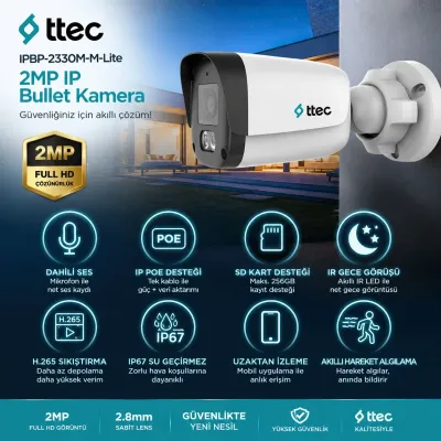 TTEC IPBP-2330M-M-Lite 2MP 2.8mm Sabit Lensli IR IP Bullet Kamera (TSS)