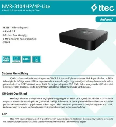 TTEC NVR-3104HP/4P-Lite 4 Kanal NVR Kayıt Cihazı (TSS)