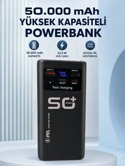 50.000 mAh Taşınabilir Powerbank 22,5 W Hızlı Şarj 4 Dahili Şarj Kablosu Dijital Ekran LED Aydınlatma ve Taşıma Sapı