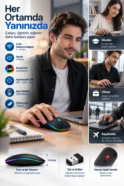 Ofis Ev Okul Kullanımına Uygun Şarjlı Kablosuz Mouse