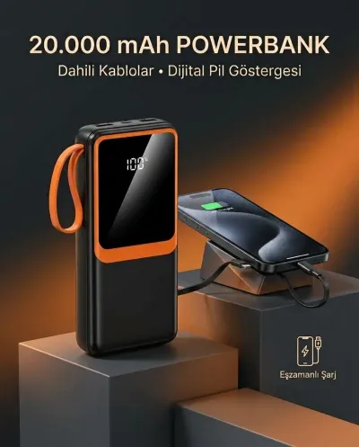 Dahili Çoklu Kablolu 20000 mAh Powerbank Dijital Pil Göstergeli Telefon Şarj Cihazı