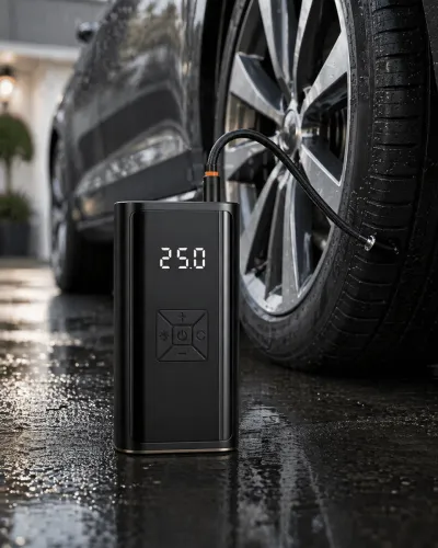 Kablosuz Lastik Şişirme Kompresörü Dijital Ekranlı Powerbank Özellikli Hava Pompası