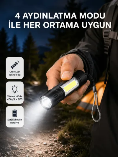 Ultra Dayanıklı 4 Mod Şarjlı Işıldak | Suya ve Darbeye Dayanıklı | 100.000 Saat LED Ömrü