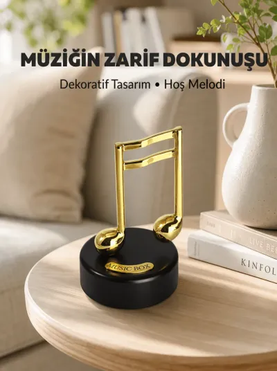 Altın Nota Figürlü Dönen Müzik Kutusu Dekoratif Music Box Yeni Nesil