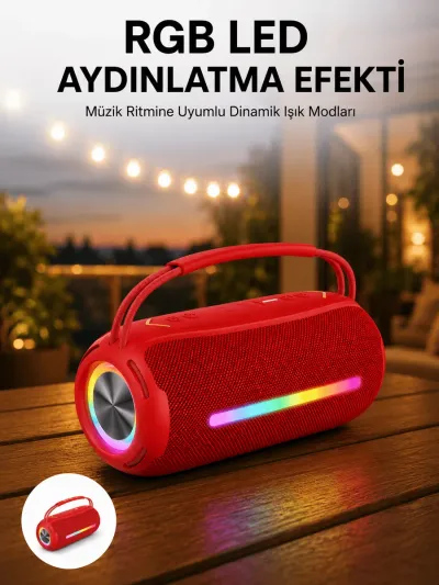 360 RGB LED'li Taşınabilir Bluetooth Hoparlör – Kırmızı, USB/TF Destekli