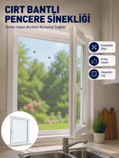 Şeffaf File Yapılı Cırt Bantlı Pencere Sinekliği Pratik Kullanım