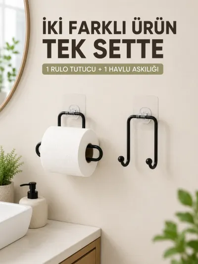 Pratik Yapışkanlı Rulo Kağıtlık ve Havlu Bez Askılığı 2 Parça Düzenleyici Set