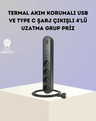 Akım Korumalı Çoklu Priz 4’lü 2 USB 1 Type-C 2500W Güçlü Tasarım